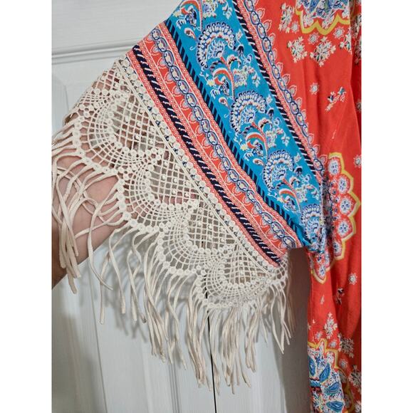 Umgee 1xl 2xl women's open front long kimono with crochet lace fringe - Picture 2 of 9